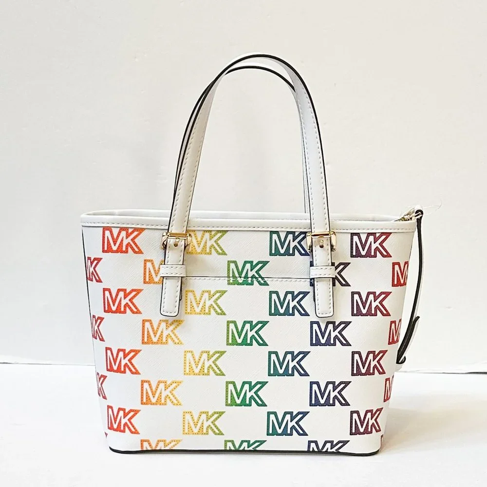 Michael Kors Jet Set XS Carryall Tote Satchel Shoulder Bag MK Rainbow White - Picture 2 of 13